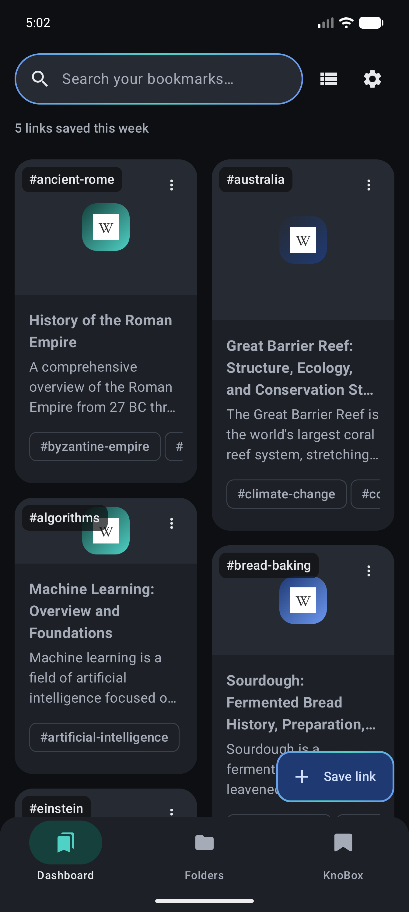 KnoBox dashboard: saved links as a grid of cards with auto-generated tags